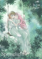  2girls absurdres barefoot blue_eyes brown_hair closed_mouth commentary day dress english_commentary english_text fine_art_parody hand_on_another's_shoulder heart heart_necklace highres hikariblue86 jewelry kagari_mimi kimi_ga_shinu_made_koi_wo_shitai kiss kissing_cheek long_hair multiple_girls necklace on_swing outdoors parody pink_hair short_hair sitting smile swing totsuki_shiina white_dress yuri 