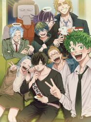  3girls 6+boys aizawa_shota animal_ears arms_around_neck bags_under_eyes beard_stubble belt birthday_sash black_eyes black_hair black_necktie black_pants black_shirt blonde_hair blue_eyes blue_hair blush boku_no_hero_academia brown_belt cake cake_slice cementoss closed_eyes eating eri_(boku_no_hero_academia) facial_hair food glasses green_eyes green_hair halo happy_birthday highres horns jacket jibun0624 light_blush long_hair long_sleeves loud_cloud midnight_(boku_no_hero_academia) midoriya_izuku mouse_ears multicolored_hair multiple_boys multiple_girls mustache mustache_stubble necktie nezu_(boku_no_hero_academia) pants present_mic purple_hair red-framed_eyewear red_necktie scar scar_on_face school_uniform selfie shirt short_hair single_horn sitting skirt smile sparse_stubble stubble thirteen_(boku_no_hero_academia) u.a._school_uniform v white_shirt yagi_toshinori yellow_eyes 