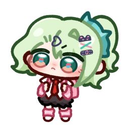  1girl angels_of_delusion aqua_streaks arm_warmers bag bandaid bandaid_hair_ornament blush chibi chibi_only earrings fur-trimmed_skirt fur_trim green_eyes green_hair hair_ornament hairclip heart highres jewelry leg_warmers looking_at_viewer multicolored_hair multicolored_leg_warmers multiple_hairclips musical_note_earrings necktie pink_arm_warmers pink_bag pink_leg_warmers red_necktie sharuu0718 shirt skirt solo streaked_hair striped_arm_warmers striped_leg_warmers sunna_(zenless_zone_zero) two-tone_leg_warmers white_shirt zenless_zone_zero 