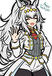  1girl absurdres aggytachyon ahoge animal_ears black_pantyhose brooch closed_eyes clothing_cutout cropped_jacket diamond_brooch facing_viewer grey_hair grey_leotard grey_tail hair_between_eyes hair_ornament highres hip_vent horse_ears horse_girl jacket jewelry leotard long_hair long_sleeves neckerchief oguri_cap_(cinderella_gray)_(umamusume) oguri_cap_(umamusume) open_mouth overskirt pantyhose pantyhose_around_one_leg ponytail red_neckerchief shorts smile solo star_brooch tail umamusume umamusume:_cinderella_gray white_jacket white_shorts 