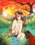  1girl autumn autumn_leaves barefoot bird blue_eyes brown_hair cat frog highres legs lily_pad long_hair nature nude original pond sitting smile solo tree very_long_hair water 
