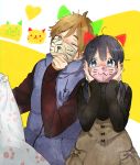  1boy 1girl :3 black_hair blue_eyes blush brown_eyes brown_hair couple dress hetero jacket kitashirakawa_tamako long_hair low_twintails momose_(oqo) one_eye_closed ooji_mochizou short_hair surgical_mask tamako_market twintails whiskers 