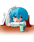  1girl :p blanket blush chair coffee_mug head_rest heterochromia highres juliet_sleeves katsumi5o long_sleeves looking_at_viewer lovestruck playing_with_own_hair puffy_sleeves short_hair sitting solo tatara_kogasa tongue tongue_out touhou 