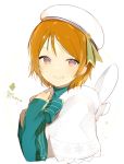  1girl :d blue_bow blue_bowtie blush bow bowtie capelet green_ribbon hand_on_own_chest happy_birthday hat hat_ribbon koizumi_hanayo long_sleeves looking_at_viewer love_live!_school_idol_project lp_(hamasa00) open_mouth orange_hair ribbon short_hair simple_background smile solo teeth upper_body violet_eyes white_background white_hat 