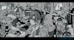  1girl 3boys bottle cactus cellphone couch drinking flower_pot ha.skr_(hasukara) indoors letterboxed long_hair looking_at_viewer lying messy_room monochrome multiple_boys original phone pillow room sitting standing table window 