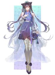  1girl bare_shoulders black_hair black_hairband blue_nails blush brown_eyes commentary_request cone_hair_bun double_bun dress elfav full_body goddess_of_victory:_nikke hair_between_eyes hair_bun hair_intakes hairband highres light_smile little_mermaid_(nikke) long_hair long_hair_between_eyes long_sidelocks long_sleeves looking_at_viewer multicolored_hair purple_dress purple_shoes see-through_clothes see-through_sleeves shoes sidelocks solo sparkle standing thigh-highs two-tone_hair very_long_hair white_thighhighs 