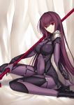  1girl bodysuit breasts fate/grand_order fate_(series) highres kauto long_hair looking_at_viewer polearm purple_hair red_eyes scathach_(fate/grand_order) solo spear weapon 