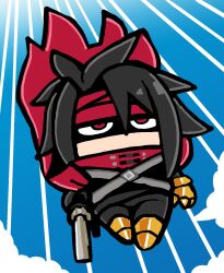  1boy bkub black_bodysuit black_hair blue_sky bodysuit boots cape character_request chibi chibi_only clouds copyright_request day full_body gloves gun hair_between_eyes headband highres holding holding_gun holding_weapon male_focus midair outdoors red_cape red_eyes red_headband shaded_face short_hair sky solo weapon yellow_boots yellow_gloves 