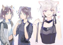  3girls animal_ears bag black_bag black_hair black_ribbon blue_eyes blue_hair blue_shirt blush bracelet cat_ears cat_girl cho_kaguya-hime! colored_inner_hair commentary cone_hair_bun crop_top dual_persona fox_ears fox_girl grey_jacket hair_bun hair_ribbon highres jacket jewelry kemonomimi_mode multicolored_hair multiple_girls nishiyos open_clothes open_jacket open_mouth ribbon runami_yachiyo sakayori_iroha shirt shoulder_bag untranslatable_commentary white_hair white_shirt 