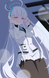  1girl absurdres black_pantyhose blue_archive blue_necktie commentary_request crying crying_with_eyes_open halo headgear highres id_card long_hair looking_at_viewer mechanical_halo necktie noa_(blue_archive) pantyhose sikimosh skirt solo suit tearing_up tears violet_eyes white_hair white_halo white_skirt white_suit 