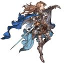  1girl armor armored_boots belt beltskirt boots brown_eyes brown_hair cape catalina_(granblue_fantasy) floating_hair full_body gauntlets granblue_fantasy holding long_hair minaba_hideo navel simple_background solo sword transparent_background weapon 
