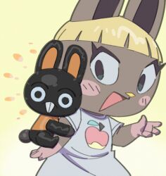  1boy 1girl animal_crossing animal_ears apple_print blonde_hair blunt_bangs blush_stickers bonbon_(animal_crossing) buck_teeth chibi chibi_only chibikemo clinging cole_(animal_crossing) commentary_request dress food_print fruit_print furry furry_female furry_male furry_with_furry gradient_background hetero highres kopa_nishikida mini_person miniboy open_mouth rabbit_boy rabbit_ears rabbit_girl rabbit_tail short_hair tail teeth upper_body white_dress wide-eyed 