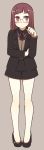  1girl absurdres bare_legs brown_background brown_eyes coat expressionless full_body glasses high_heels highres neck_ribbon original oza_watto redhead ribbon short_shorts shorts simple_background solo 