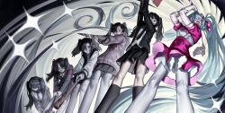  6+girls aqua_hair arms_up attacking_viewer axe baseball_bat black_hair black_jacket black_necktie black_skirt black_socks blazer blood cardigan closed_eyes collared_shirt commentary crazy_eyes dress elbow_gloves english_commentary frilled_shirt frills from_below gloves hatsune_miku highres hitting holding holding_axe holding_baseball_bat holding_knife ima_sugu_rinne_(vocaloid) jacket kiwiikero kneehighs knife layered_dress long_hair looking_at_viewer magical_girl multiple_girls multiple_persona neck_ribbon necktie pantyhose petticoat pink_cardigan pink_dress pink_ribbon pink_skirt pleated_skirt puffy_sleeves ribbon sequential shirt simple_background skirt socks star-shaped_pupils star_(symbol) symbol-shaped_pupils twintails very_long_hair vocaloid white_gloves white_pantyhose white_shirt 