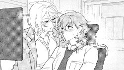  2girls blush closed_mouth collared_shirt gksrnrdmlaksu greyscale gundam gundam_suisei_no_majo highres jacket korean_text looking_at_another miorine_rembran monitor monochrome multiple_girls necktie shirt short_hair suletta_mercury sweatdrop thick_eyebrows translation_request yuri 