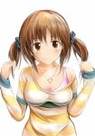  1girl blush breasts brown_eyes brown_hair hair_ornament heart idolmaster idolmaster_cinderella_girls jewelry long_sleeves looking_at_viewer nannacy7 necklace off_shoulder scrunchie short_hair simple_background smile solo sweater tank_top totoki_airi twintails white_background 
