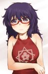  1girl alternate_hairstyle black_eyes black_hair blush breast_hold camisole casual commentary_request girls_und_panzer glasses hair_down halterneck highres looking_to_the_side messy_hair oryou_(girls_und_panzer) red-framed_glasses sakaki_imasato semi-rimless_glasses sketch solo standing under-rim_glasses upper_body 