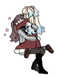  2girls black_boots black_pantyhose black_sweater blonde_hair blue_hair blush boots brown_dress brown_hair closed_eyes commentary_request dress flower fujishima_megumi fujishima_megumi_(post-graduation_casual) gradient_hair grey_jacket grey_skirt hair_flower hair_ornament hasu_no_sora_school_uniform highres hug invisible_chair jacket long_hair long_sleeves love_live! love_live!_hasu_no_sora_jogakuin_school_idol_club miniskirt mira-cra_park! multicolored_hair multiple_girls osawa_rurino pantyhose pink_flower pleated_dress ponytail sailor_collar sailor_dress school_uniform sitting sitting_on_lap sitting_on_person skirt sweatdrop sweater turtleneck turtleneck_sweater twintails virtual_youtuber wariza watage_modoki white_sailor_collar winter_uniform yuri |_| 