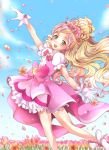  1girl :d blonde_hair bow clouds cure_flora dancing earrings flower flower_earrings full_body gloves go!_princess_precure green_eyes hair_flower hair_ornament haruno_haruka highres jewelry long_hair looking_at_viewer magical_girl mihara_youzora multicolored_hair open_mouth pink_bow pink_hair pink_skirt precure shoes skirt sky smile solo streaked_hair two-tone_hair white_gloves white_shoes 