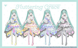  1girl aqua_hair boots bug butterfly closed_mouth commentary_request company_name concept_art copyright_notice dress fluttering_maiden_(project_sekai) full_body gradient_boots hatsune_miku head_tilt highres looking_at_viewer multicolored_dress multiple_views nana_tetra official_alternate_costume official_art pink_boots project_sekai purple_boots shoes smile standing thigh_boots twintails vocaloid web_address yellow_shoes 