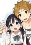  1boy 1girl black_hair blue_eyes brown_eyes brown_hair kitashirakawa_tamako long_hair low_twintails momose_(oqo) ooji_mochizou short_hair tamako_market twintails v 