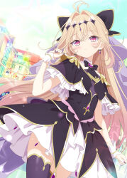  1girl antenna_hair aruka_(alka_p1) black_capelet blonde_hair brooch capelet commentary_request cure_arcana_shadow day diamond_hairband earrings frilled_cuffs hair_intakes heart heart_brooch highres jewelry long_hair magical_girl meitantei_precure! moria_luluka nail_polish outdoors pink_eyes precure purple_nails purple_thighhighs purple_veil purple_wrist_cuffs solo thigh-highs veil very_long_hair wrist_cuffs zettai_ryouiki 
