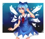  1girl :p blue_dress blue_eyes blue_hair breasts cirno colored fairy_wings hair_bow ice_wings short_hair solo tongue touhou wings 
