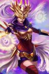 1girl alternate_costume armor artist_name feathers gauntlets gloves highres jewelry justicar_syndra league_of_legends long_hair mask melody_(chukairi) necklace solo syndra white_hair 