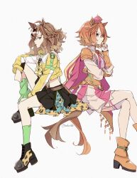  2girls ahoge animal_ears armor bandeau black_skirt boots braid breasts brown_hair cape closed_mouth crown domdam80 gold_boots gold_corset green_socks hair_between_eyes hair_ornament hairclip half_up_half_down_braid horse_ears horse_girl horse_tail invisible_chair jacket jewelry jungle_pocket_(champion's_battle_cry)_(umamusume) jungle_pocket_(umamusume) long_sleeves medium_hair mini_crown multiple_girls notched_ear open_clothes orange_hair orange_tail pink_cape pink_crown shirt short_hair shoulder_armor single_loose_sock sitting skirt smile socks steel-toe_boots suspenders t.m._opera_o_(o_sole_suo!)_(umamusume) t.m._opera_o_(umamusume) tail two-tone_skirt umamusume violet_eyes white_shirt yellow_bandeau yellow_eyes yellow_jacket 