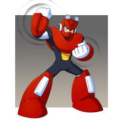  1boy android armor clenched_hands fighting_stance full_body gradient_background green_eyes grey_background helmet highres magnet magnet_man magnetism mask mega_man_(classic) mega_man_(series) mega_man_3 mouth_mask no_mouth red_armor red_helmet robot robot_ears simple_background solo toastiepumpkin two-tone_background white_background 
