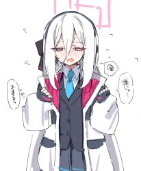  1girl averting_eyes black_hairband black_skirt blue_archive blue_necktie blush coat collared_shirt cowboy_shot flying_sweatdrops hair_between_eyes hairband halo headphones jacket kei_(blue_archive) kei_(student)_(blue_archive) long_hair long_sleeves necktie open_clothes open_coat open_jacket open_mouth pink_eyes pink_halo pleated_skirt shirt simple_background skirt solo speech_bubble spoken_squiggle squiggle very_long_hair white_background white_coat white_hair white_jacket white_shirt youbi_(0ver_sd) 