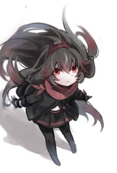 1girl black_hair commentary_request dog_tags fingerless_gloves gloves hair_between_eyes highres ite_ti long_hair looking_at_viewer lucia:_lotus_(pgr) lucia_(pgr) multicolored_hair open_mouth pleated_skirt punishing:_gray_raven red_eyes red_scarf red_streaks scarf shadow simple_background skirt solo streaked_hair two-tone_hair very_long_hair white_background 