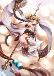  1girl anchira_(granblue_fantasy) ass barefoot blonde_hair blush breasts cleavage_cutout detached_pants detached_sleeves granblue_fantasy hairband hiememiko highres holding_weapon looking_at_viewer short_hair sideboob solo staff yellow_eyes 