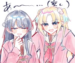  2girls absurdres blonde_hair bloom_garden_party_jacket blue_eyes blue_hair blush bright_pupils brown_dress commentary_request curtained_hair dress flower gradient_hair hair_flower hair_ornament hasu_no_sora_school_uniform highres hood hooded_jacket hosino_mukou jacket long_sleeves love_live! love_live!_hasu_no_sora_jogakuin_school_idol_club love_live!_hasu_no_sora_jogakuin_school_idol_club_bloom_garden_party multicolored_hair multiple_girls murano_sayaka neckerchief open_clothes open_jacket open_mouth osawa_rurino parted_bangs pink_flower pink_jacket red_neckerchief sailor_collar sailor_dress school_uniform simple_background sweatdrop upper_body virtual_youtuber white_background white_pupils white_sailor_collar winter_uniform 