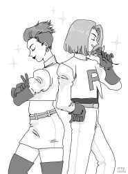  1boy 1girl alternate_hair_length_(shorter) artist_name belt boots closed_eyes closed_mouth commentary crossed_arms earrings elbow_gloves english_commentary flower gloves greyscale hand_on_own_hip highres holding holding_flower jacket james_(pokemon) jessie_(pokemon) jewelry lips lipstick long_sleeves makeup midriff monochrome pants pokemon pokemon_(anime) pokemon_(classic_anime) rose shirt short_hair simple_background skirt smile team_rocket team_rocket_uniform v venavuoto very_short_hair white_background 
