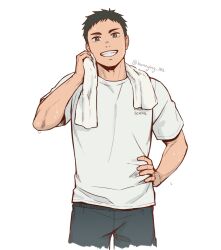  1boy arm_up black_hair black_shorts brown_eyes bunnying_182 commentary_request crew_neck cropped_legs grin haikyuu!! hand_on_own_hip highres holding holding_towel male_focus sawamura_daichi shirt short_hair short_sleeves shorts simple_background smile solo t-shirt towel towel_around_neck twitter_username white_background white_shirt 