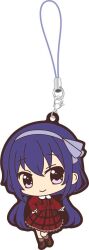  1girl brown_shoes brown_socks charm_(object) chibi closed_mouth dress full_body gochuumon_wa_usagi_desu_ka? hair_ribbon hairband highres kneehighs long_hair long_sleeves looking_at_viewer official_art plaid_clothes plaid_dress purple_hair purple_hairband purple_ribbon red_dress ribbon rounded_collar shirt shoes smile socks solo tedeza_rize twintails violet_eyes white_background white_shirt 