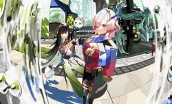  2girls absurdres arknights arknights:_endfield arm_behind_back black_gloves black_hair black_skirt black_sleeves blue_jacket closed_mouth colored_inner_hair commentary detached_sleeves dragon_bean_(arknights) dragon_girl dragon_horns gloves green_eyes green_hair green_overskirt green_pants green_thighhighs highres holding_another's_wrist horns jacket looking_at_another mi_fu_(arknights) multicolored_hair multiple_girls open_clothes open_jacket outdoors pants pink_eyes pink_hair pointy_ears red_shirt shirt skirt smile sugahri thigh-highs thigh_strap white_shirt zhuang_fangyi_(arknights) 