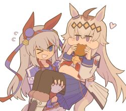  >_o 2girls animal_ears blue_eyes blue_jacket blue_skirt boots burger carrying fat food fur-trimmed_boots fur_trim grey_hair heart highres horse_ears horse_girl horse_tail jacket multiple_girls oguri_cap_(starlight_beat)_(umamusume) oguri_cap_(umamusume) one_eye_closed pants pantyhose pipiikki princess_carry skirt smile spanish_commentary sweat tail tamamo_cross_(fast_as_lightning)_(umamusume) tamamo_cross_(umamusume) umamusume white_pants yuri 