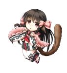  1girl animal_ears black_hair bow braid brown_hair chibi hair_bow highres japanese_clothes kuena long_hair looking_at_viewer open_mouth red_eyes rurutie_(utawareru_mono) simple_background solo tail twin_braids utawareru_mono utawareru_mono:_itsuwari_no_kamen white_background 