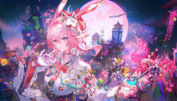  1girl animal_ears asymmetrical_gloves black_gloves bow bowtie building chinese_commentary commentary_request evanescia_(honkai:_star_rail) fireworks flower fox fox_ears fox_girl fox_mask full_moon gloves hair_between_eyes hair_bow hair_flower hair_ornament highres holding honkai:_star_rail honkai_(series) jacket long_sleeves looking_at_viewer mask mask_on_head mismatched_gloves moon night pink_hair pink_pupils qingming_tiaohetu red_bow red_bowtie shirt short_hair_with_long_locks skirt sky smile solo star_(sky) starry_sky train upper_body violet_eyes white_gloves white_jacket white_shirt white_sleeves 