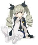  1girl anchovy black_ribbon blush brown_eyes closed_mouth crossed_legs drill_hair feet frown girls_und_panzer green_hair hair_ribbon hand_on_own_cheek hand_on_own_face ixy legs long_sleeves military military_uniform necktie ribbon simple_background sitting solo twin_drills twintails uniform white_background white_legwear 