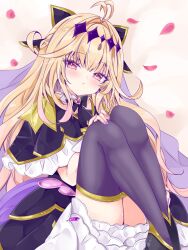  1girl antenna_hair black_capelet blonde_hair brooch capelet commentary_request cure_arcana_shadow diamond_hairband earrings hair_intakes heart heart_brooch highres jewelry long_hair looking_at_viewer magical_girl meitantei_precure! moria_luluka nail_polish nanase_nao petals pink_eyes precure purple_thighhighs rose_petals sitting solo thigh-highs very_long_hair zettai_ryouiki 
