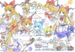  4girls bad_id bad_pixiv_id blonde_hair blue_eyes blue_hair bow brown_horns brown_shoes chinese_commentary cirno closed_eyes closed_mouth commentary cup dinosaur disposable_cup drinking drinking_straw full_body ge_dazuo hair_bow highres holding holding_cup horn_ornament horn_ribbon horns hoshiguma_yuugi ibuki_suika long_hair looking_at_another multiple_girls multiple_views orange_eyes orange_hair parted_lips purple_ribbon purple_skirt red_bow red_horns ribbon rumia shirt shoes short_hair single_horn sitting skirt sleeveless sleeveless_shirt smile socks standing touhou white_shirt white_socks 