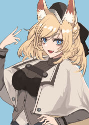  1girl :d animal_ear_fluff animal_ears arknights arm_up black_hat black_sweater blonde_hair blue_background blue_eyes blush bright_pupils capelet commentary_request fang grey_capelet hand_on_own_hip hat highres long_sleeves looking_at_viewer medium_hair okamoto_aoi open_mouth partial_commentary ribbed_sweater simple_background smile solo sweater turtleneck turtleneck_sweater upper_body whislash_(arknights) white_pupils 