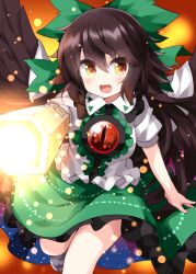  1girl :d arm_cannon bird_wings black_wings blouse blurry blurry_background blush bow breasts brown_hair cape collared_shirt commentary_request control_rod_(touhou) cowboy_shot flying green_bow green_skirt hair_bow highres large_breasts lens_flare light_particles long_hair looking_at_viewer one-hour_drawing_challenge open_mouth petticoat red_background red_eyes reiuji_utsuho ruu_(tksymkw) shirt short_sleeves skirt smile solo third_eye touhou weapon white_shirt wings 
