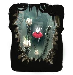  1girl arthropod_girl black_eyes black_skin cloak colored_skin floating full_body gameplay_ability gameplay_mechanics highres holding holding_weapon hollow_eyes hollow_knight hollow_knight:_silksong horned_mask hornet_(hollow_knight) horns in-universe_location mask needle_(hollow_knight) plant red_cloak solo thorns victoria654 vines weapon white_mask 