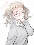  bangs brown_eyes brown_hair character_name freckles glasses hand_on_own_chin highres messy_hair one_eye_closed oshiete!_gyaru-ko-chan ota-ko_(gyaru-ko) shirt short_hair sweater translated wavy_hair womu 