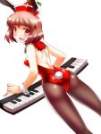  1girl animal_ears ass back bare_shoulders brown_eyes brown_hair brown_legwear bunny_girl bunny_tail bunnysuit hat highres instrument keyboard_(instrument) leotard lyrica_prismriver mono_(moiky) open_mouth pantyhose rabbit_ears smile solo tail touhou wrist_cuffs 