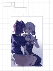  2girls black_dress black_hair blue_hair blush braid braided_hair_rings chinese_commentary cho_kaguya-hime! collarbone commentary_request cone_hair_bun dress face-to-face fox_tail hair_bun hair_rings highres linghan07978036 looking_at_another multicolored_hair multiple_girls parted_lips pink_hair runami_yachiyo sakayori_iroha short_hair short_sleeves sidelighting sitting sleeveless sleeveless_dress smile tail two-tone_hair violet_eyes white_hair yuri 